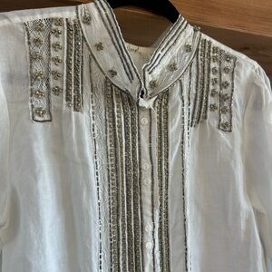 Floreat x Anthropologie Embellished Linen-Blend Button-Up Shirt – Size 10